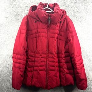 Calvin Klein Puffer Jacket Red Hooded Full-Zip Winter Coat Womens Large‎